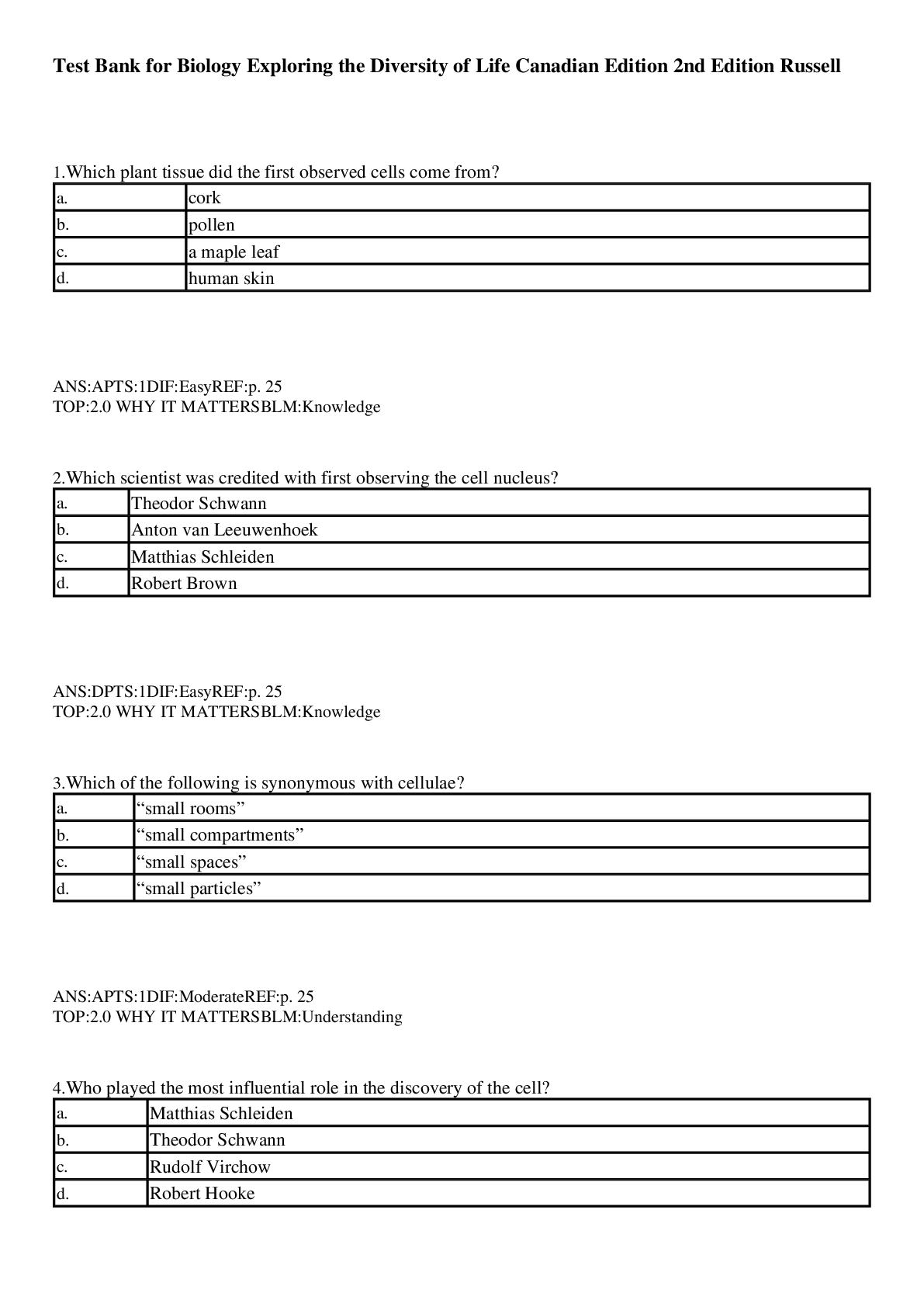 Preview image for Test Bank for Biology Exploring the Diversity of Life Canadian Edition 2nd Edition Russell